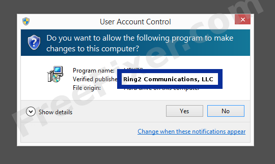 Screenshot where Ring2 Communications, LLC appears as the verified publisher in the UAC dialog